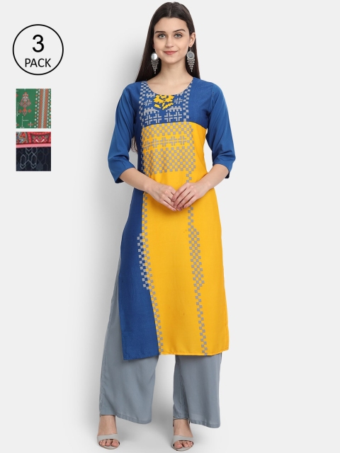 

1 Stop Fashion Women Blue & Yellow Pack of 3 Printed Crepe Kurta