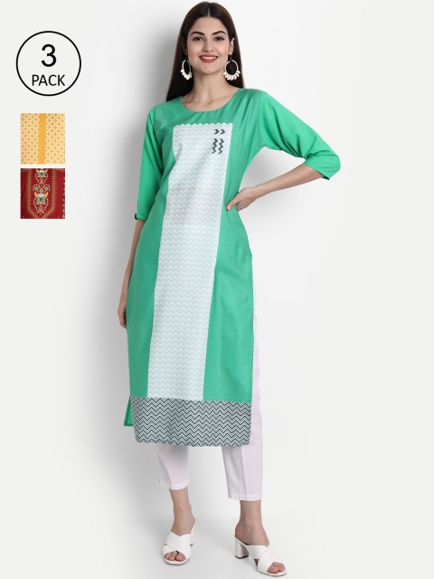 

1 Stop Fashion Women Red & Green Pack Of 3 Ethnic Motifs Printed Kurta