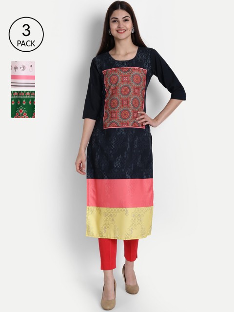 

1 Stop Fashion Women Black, Pink & Green Ethnic Motifs Printed Set of 3 Crepe Kurta