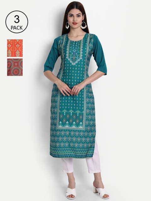 

1 Stop Fashion Women Pack Of 3 Printed Crepe Kurta, Green