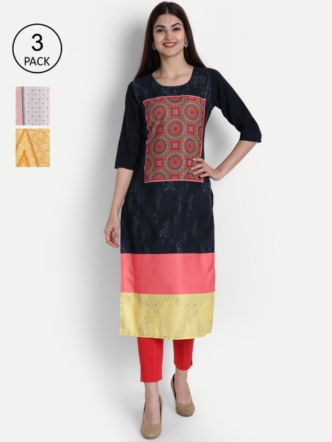 

1 Stop Fashion Women Set of 3 Printed Crepe Kurta, Multi