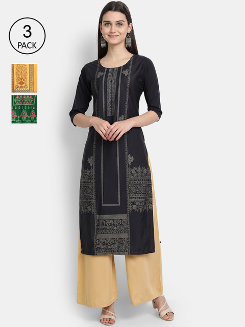 

1 Stop Fashion Women Pack of 3 Black & Yellow Ethnic Motifs Printed Crepe Kurta