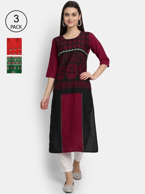 

1 Stop Fashion Women Pack of 3 Digital Printed Straight Kurtas, Maroon