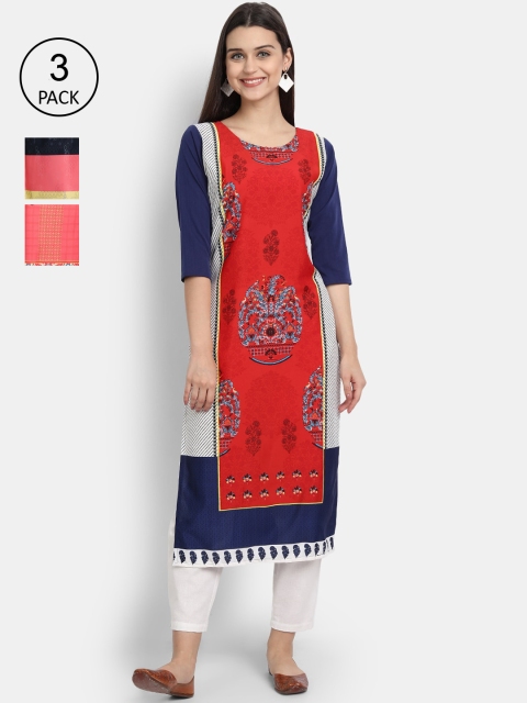 

1 Stop Fashion Women Pack of 3 Multicoloured Printed Crepe Straight Kurta, Multi