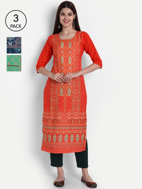 

1 Stop Fashion Women Orange, Blue & Green Ethnic Motifs Printed Set of 3 Crepe Kurta