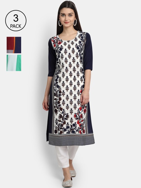 

1 Stop Fashion Women Pack Of 3 Printed Crepe Kurta, Black