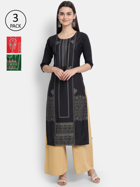 

1 Stop Fashion Women Pack Of 3 Digital Print Straight Crepe Kurta, Multi
