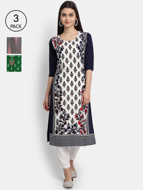 

1 Stop Fashion Women Pack Of 3 Multicoloured Geometric Printed Crepe Kurtas, Multi