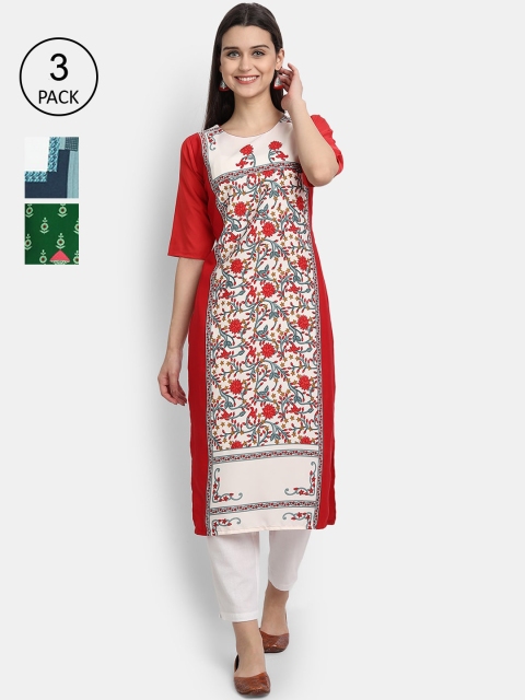 

1 Stop Fashion Women Pack of 3 Digital Printed Straight Kurtas, Red