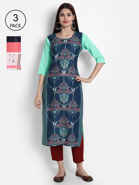 

1 Stop Fashion Women Blue, Navy Blue & White Pack Of 3 Printed Kurta