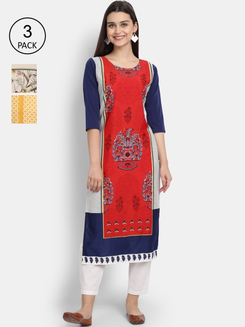 

1 Stop Fashion Women Pack Of 3 Printed Crepe Kurta, Red