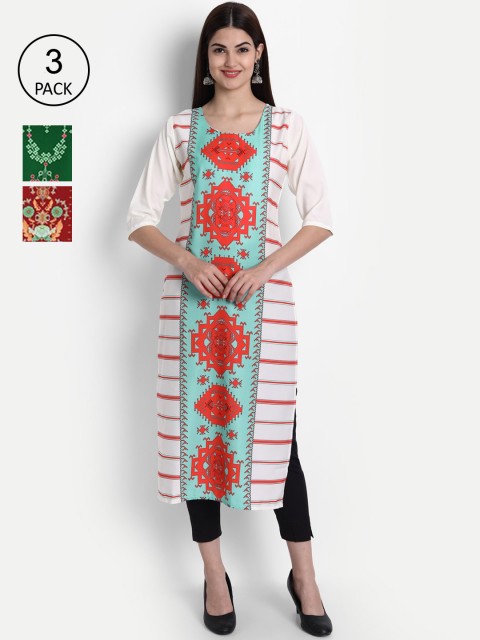 

1 Stop Fashion Women Set of 3 Printed Crepe Kurta, Multi