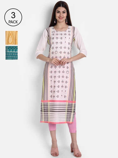 

1 Stop Fashion Pack of 3 Women Printed Crepe Kurta, Multi