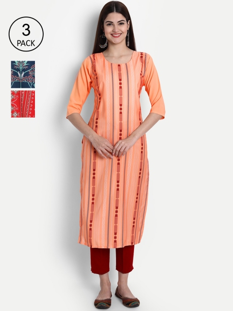 

1 Stop Fashion Women Pack of 3 Orange & Red Geometric Printed Crepe Kurta