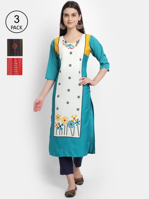 

1 Stop Fashion Women Pack Of 3 Multicoloured Geometric Printed Crepe Kurtas, Multi