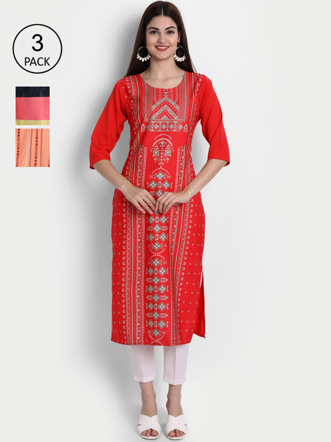 

1 Stop Fashion Women Pack of 3 Digital Printed Straight Kurtas, Red