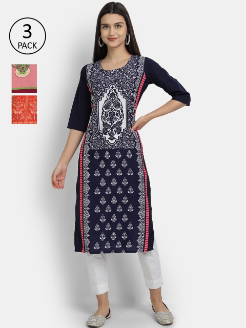 

1 Stop Fashion Women Pack of 3 Multicoloured Printed Crepe Straight Kurta, Multi