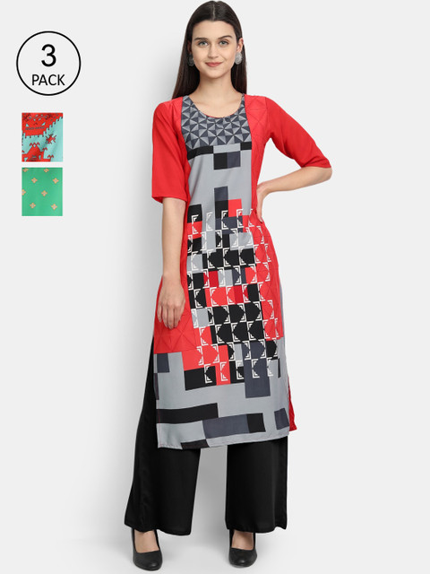 

1 Stop Fashion Woman Pack of 3 Multicoloured Floral Printed Crepe Kurta, Multi