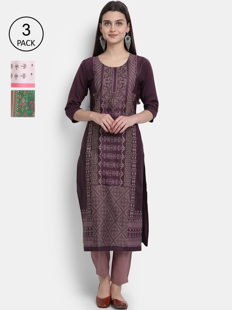

1 Stop Fashion Women Burgundy & Green Pack of 3 Printed Crepe Kurta
