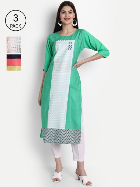 

1 Stop Fashion Women Green & White Pack Of 3 Printed Kurta