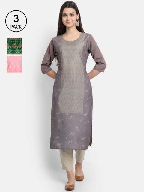 

1 Stop Fashion Women Set of 3 Printed Crepe Kurta, Multi