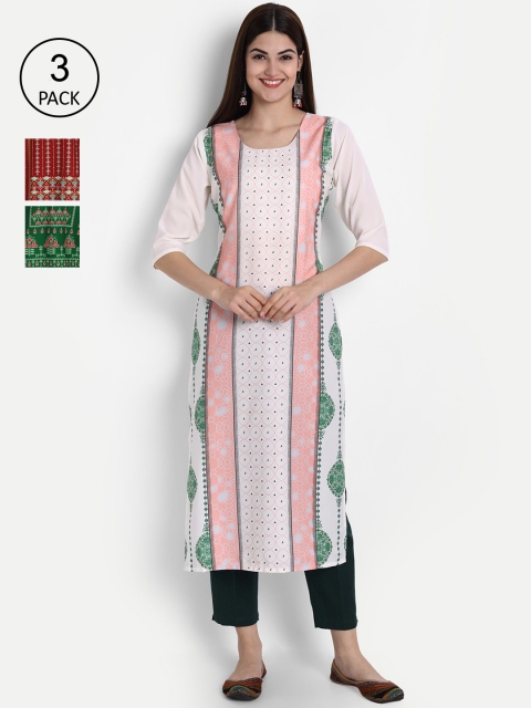 

1 Stop Fashion Pack of 3 Women Printed Crepe Kurta, Multi