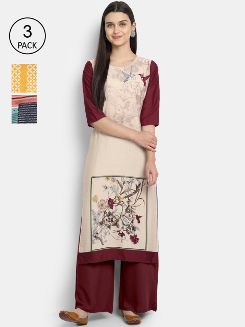 

1 Stop Fashion Women Pack of 3 Maroon & Yellow Floral Printed Crepe Kurta