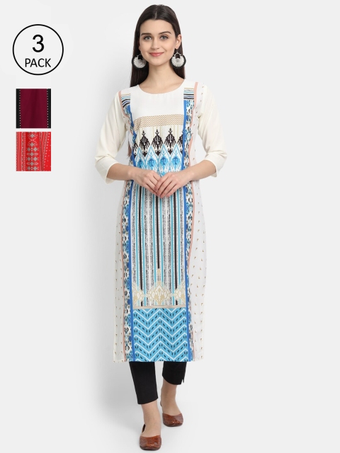 

1 Stop Fashion Women Pack Of 3 Multicoloured Geometric Printed Crepe Kurtas, Multi