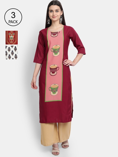 

1 Stop Fashion Women Red & Navy Blue Ethnic Motifs Printed Crepe Kurta Set Of 3