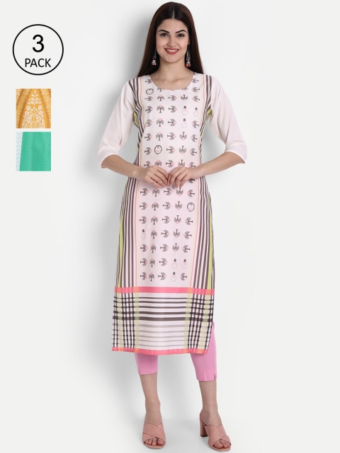

1 Stop Fashion Women Pack Of 3 Digital Print Straight Crepe Kurta, Multi