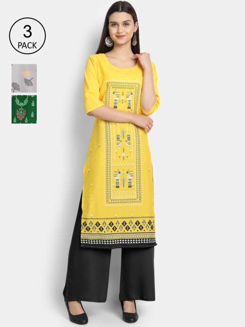 

1 Stop Fashion Women Pack Of 3 Printed Crepe Kurta, Yellow