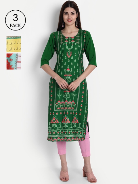 

1 Stop Fashion Women Pack of 3 Green & Yellow Ethnic Motifs Printed Crepe Kurta