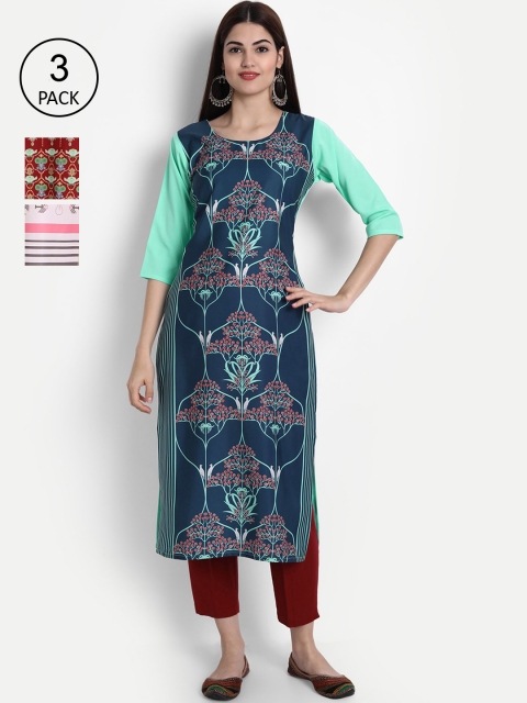 

1 Stop Fashion Women Pack Of 3 Digital Printed Crepe Kurta, Blue