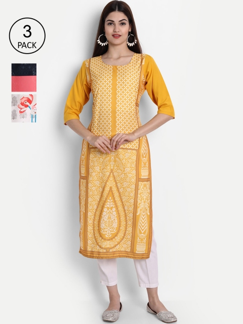 

1 Stop Fashion Women Pack of 3 Digital Printed Straight Kurtas, Yellow