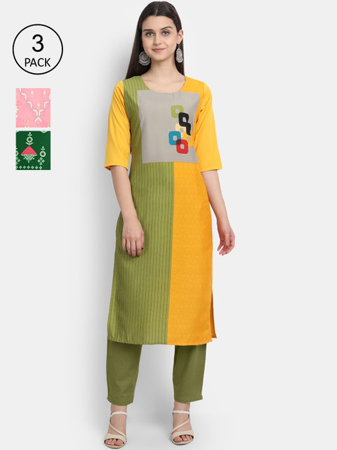 

1 Stop Fashion Women Pack of 3 Multicoloured Printed Crepe Straight Kurta, Multi