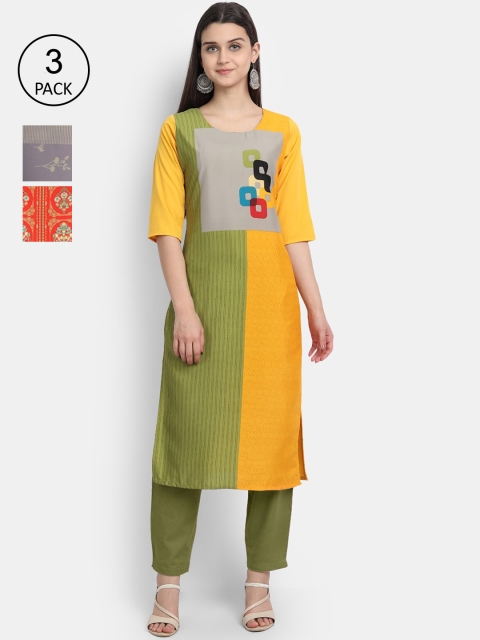 

1 Stop Fashion Woman Pack of 3 Multicoloured Colourblocked Crepe Kurta, Multi
