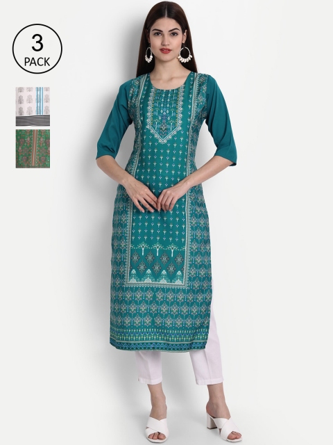 

1 Stop Fashion Women Blue, Green & White Ethnic Motifs Printed Set of 3 Crepe Kurta