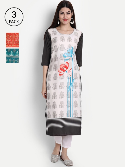 

1 Stop Fashion Women Black & White Pack of 3 Printed Crepe Kurta