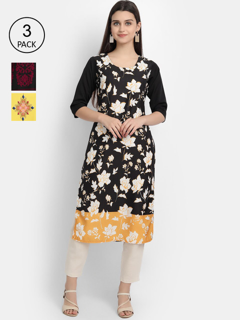 

1 Stop Fashion Women Pack Of 3 Printed Crepe Kurta, Black