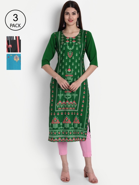 

1 Stop Fashion Women Set of 3 Printed Crepe Kurta, Multi