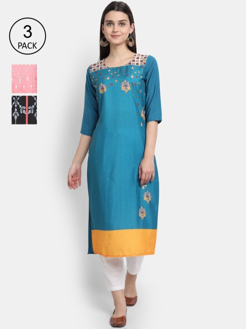 

1 Stop Fashion Pack of 3 Women Printed Crepe Kurta, Multi