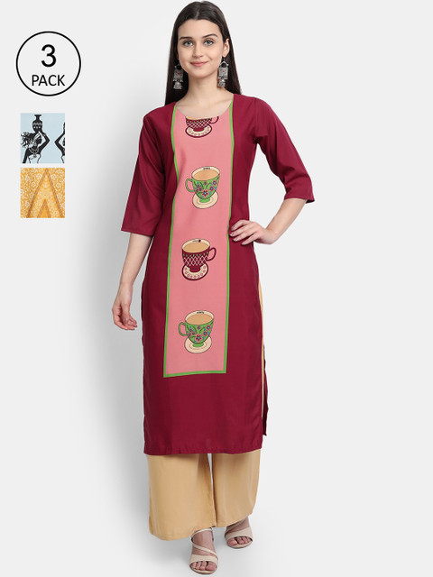 

1 Stop Fashion Women Red & Yellow Ethnic Motifs Printed Crepe Kurta Set Of 3