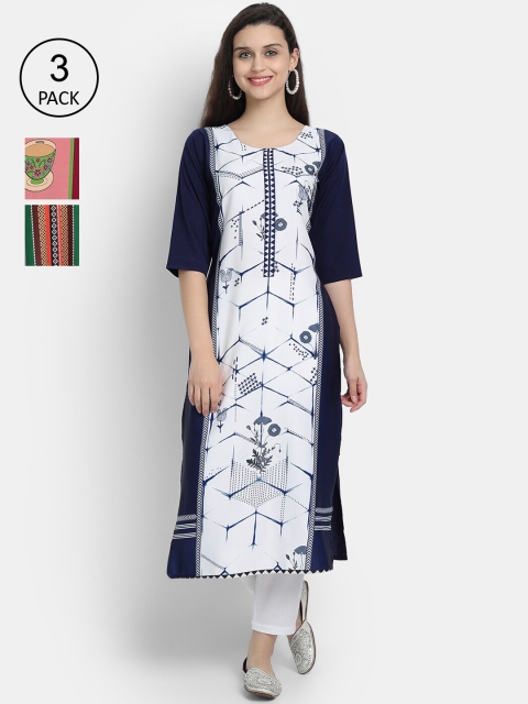 

1 Stop Fashion Women Pack of 3 Blue & Red Ethnic Motifs Printed Crepe Kurta