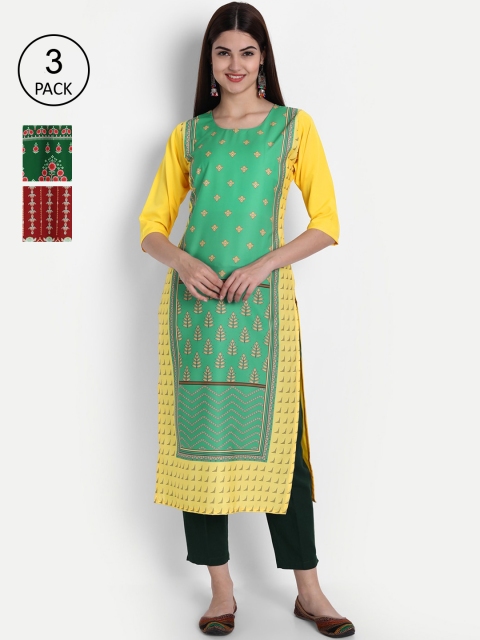 

1 Stop Fashion Women Pack Of 3 Multicoloured Geometric Printed Crepe Kurtas, Multi
