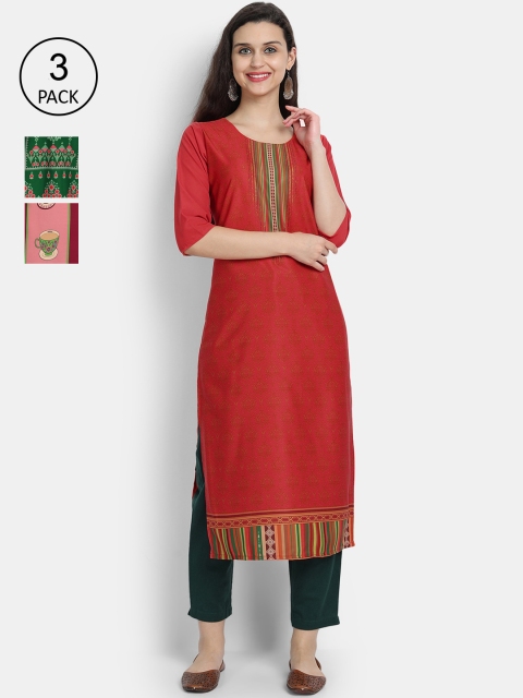 

1 Stop Fashion Women Pack Of 3 Digital Printed Crepe Kurta, Red