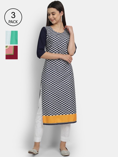 1 Stop Fashion Women Pack of 3 Digital Printed Straight Kurtas, Navy blue