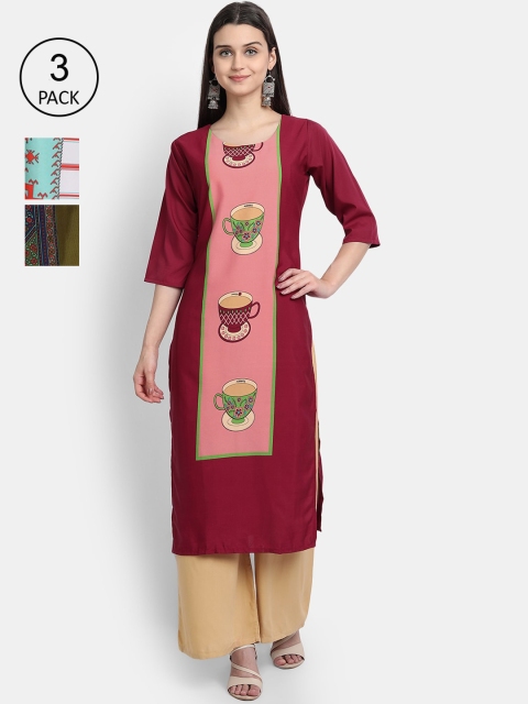 

1 Stop Fashion Women Pack of 3 Multicoloured Printed Crepe Straight Kurta, Multi
