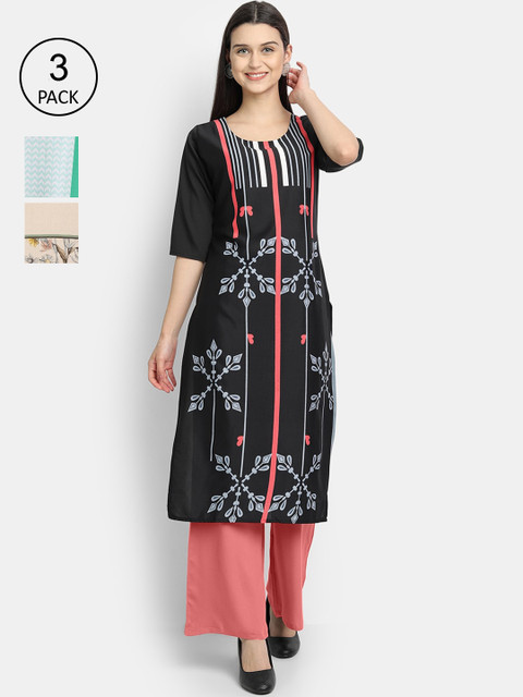 

1 Stop Fashion Woman Pack of 3 Multicoloured Floral Printed Crepe Kurta, Multi