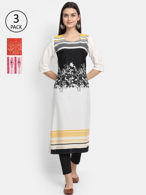

1 Stop Fashion Women Black & White Pack of 3 Printed Crepe Kurta