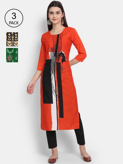 

1 Stop Fashion Women Set of 3 Printed Crepe Kurta, Multi